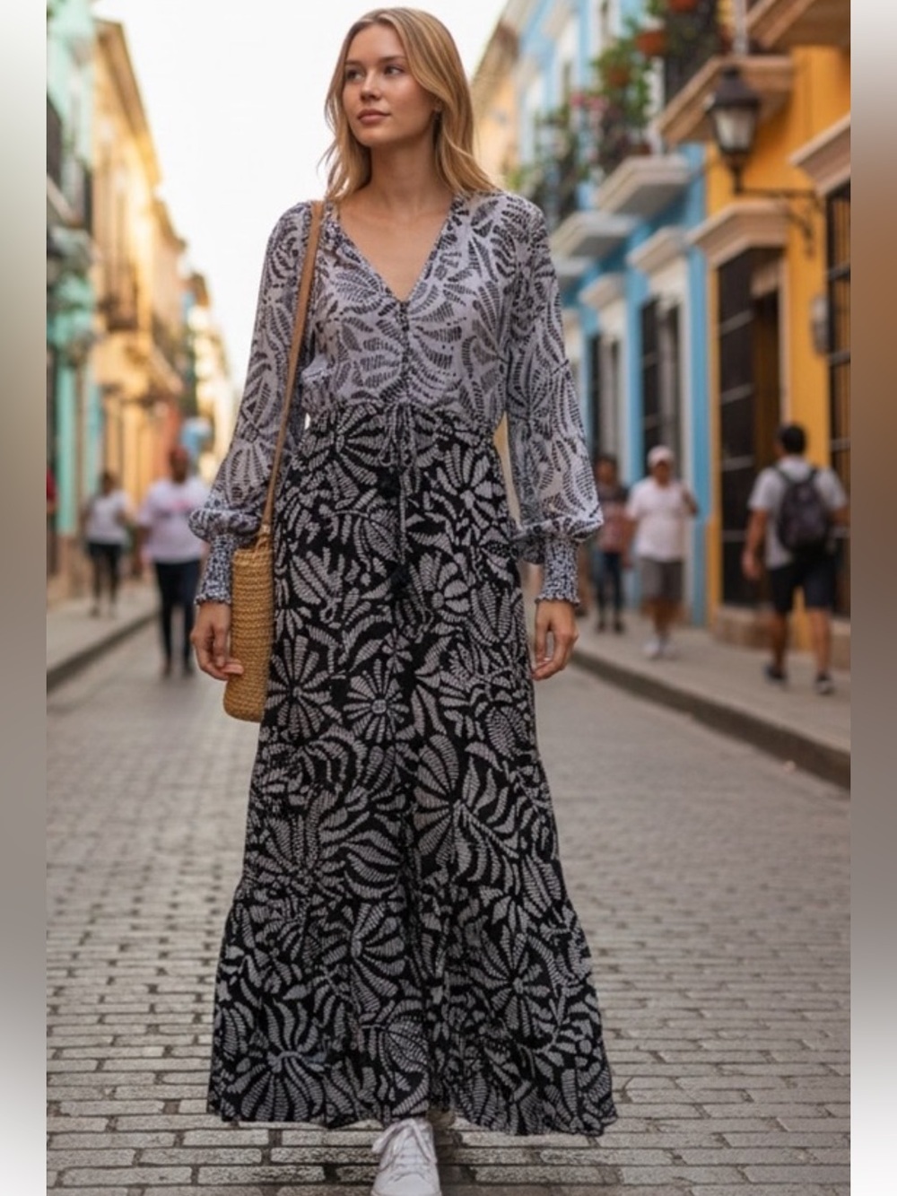 OMIKA /Anthropologie Blue Multi & White Floral Print Bohemian Maxi Dress